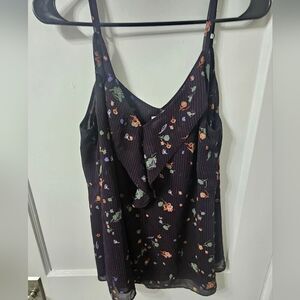 CAbi navy blue floral pinstripe ruffle blouse tank size medium